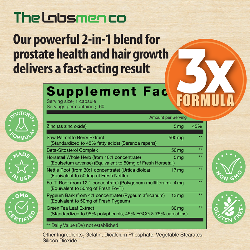 3X Formula Natural Prostate Health Supplements for Men - 1235mg Saw Palmetto Reduce Nighttime Bathroom Trips + Hair Growth/Hair Loss Prevention, 2-Mons