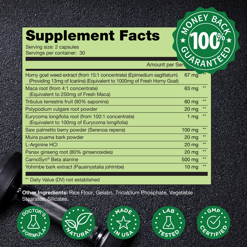LabsMen 2-in-1 Horny Goat Weed Extract with Epimedium (13mg Icariin), Maca, Tribulus Terrestris, L Arginine & Panax Ginseng Testosterone Booster for Men | Enhance Stamina, Performance & Libido