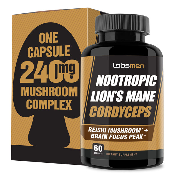 Natural Nootropic Organic Mushroom Complex - Lions Mane, Cordyceps & Reishi Mushroom Supplement as Brain Booster/Energy Pills Help Support Brain Power, Mental Clarity & Immune System, Veggie